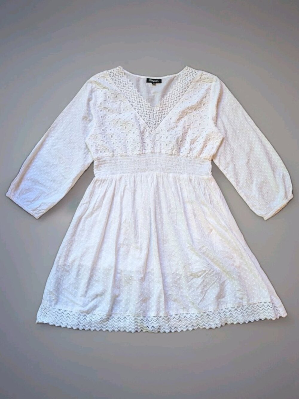 Papa Vancouver White Eyelet Lace Dress M Elopement Reception Boho Short Smocked